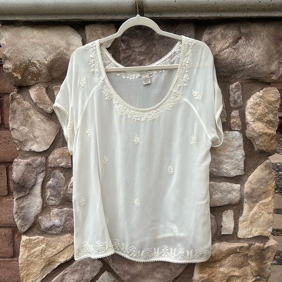 Lucky Brand Embroidered Sheer Blouse Top Short Sleeve Size XL Boho - Picture 8 of 8